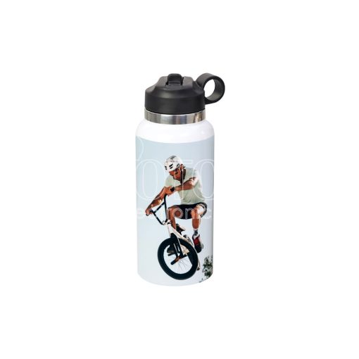950 ml Sublimation Silver Brim Stainless Steel Sports Vacuum Bottle with Straw Lid and Finger Loop Handle